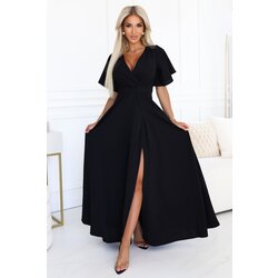 Numoco 581-7 JENNIFER długa suknia z rozcięciem na nogę, rękawkiem i dekoltem - czarna Cijene