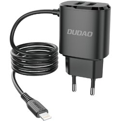 Dudao 2x USB stenski polnilec z vgrajenim kablom za iPhone Lightning 12W, črn, (21510622) Cene