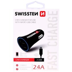 Swissten punjač za auto, 2xUSB, 2.4A, crni + kabel za punjenje USB - microUSB Cene