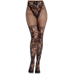 LEG AVENUE HOSIERY LEG AVENUE - DAHLIA LACE STOCKINGS WITH NET DETAIL BLACK Cene