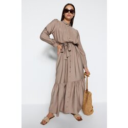Trendyol Mink Belted Shoulder Detailed Flounce Skirt Buttoned Woven Shirt Dress Cijene