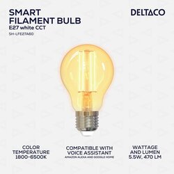 Deltaco SMART HOME LED Filament Žarulja E27, WiFi 2.4GHz, 5.5W, 470lm, 1800K-6500K, 220-240V Cene