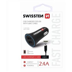 Swissten punjač za auto, 2xUSB, 2.4A, crni + kabel za punjenje USB - USB-C Cene