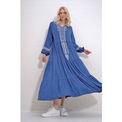 Trend Alaçatı Stili Women's Indigo V-Neck Ethnic Patterned Skirt Flounced Viscose Dress Cijene