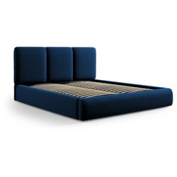 Mazzini Beds Temno modra žametna oblazinjena zakonska postelja s prostorom za shranjevanje in z letvenim dnom 140x200 cm Brody – Cene