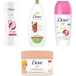 Dove paket za negu tela, mleko za telo intense care 400ml, gel za tuširanje care by nature revitalising 225ml, roll on advanced care pomegranate 50ml, piling za telo oatmeal&calendula oil 298g Cene
