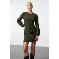 Trendyol Khaki Fitted/Fits the Body Drape Detail Balloon Sleeve Mini Woven Dress Cene