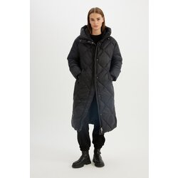Defacto Water Repellent Hooded Long Coat Parka Quilted Zipper Snap Closure Pocket Cene