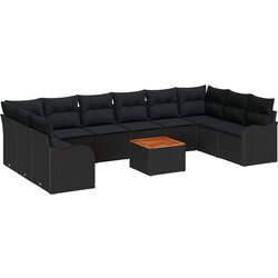 vidaXL set od 10 komada sofi za vrt s jastučićima Crni Poli Ratan Akacija, 2-sjedna sofa za vrt s prostorom za pohranu i jastučićima Crni Poli Ratan Cijene
