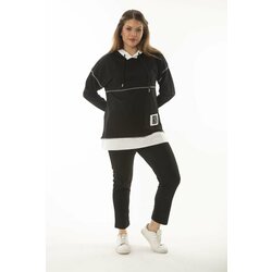 Şans Women's Plus Size Black Garni And Stitch Detail Hooded Sweatshirt Trousers Double Suit Cene