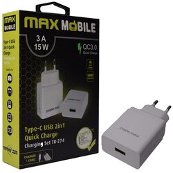 Maxmobi kućni punjač set 2u1 qc 3.0 quick charge usb+ type c, 3a,15w bijeli Cene