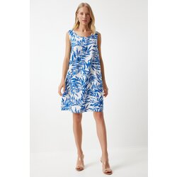  Women's Dark Blue White Patterned Linen Viscose Mini Dress Cijene
