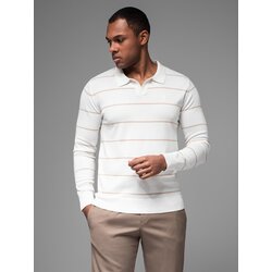 Ombre Men's horizontal striped polo longsleeve with viscose - white and beige Cijene