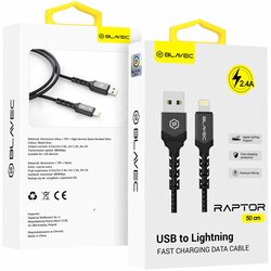 BLAVEC RAPTOR KABEL OPLETENI - USB NA LIGHTNING - 2.4A 0.5 METARA - crni Cene