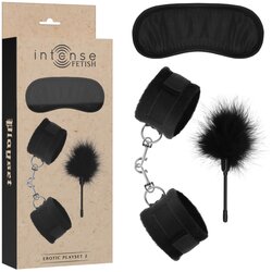 Intense Fetish Erotic Playset 2 With Handcuffs, Blind Mask & Tickler Black Cene