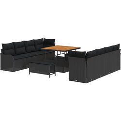 vidaXL Set vrtnih sofa od 11 komada s jastucima - Crni poli ratan akacija, 2-sjedalna vrtna sofa s pohranom i jastucima - Crni poli ratan, 3 dijelni vrtni set za objedovanje s jastucima - Crni poli ratan akacija Cijene