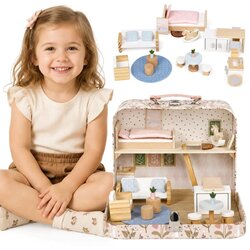 ECO TOYS Lesena hišica za punčke v prenosni torbi, set 20 dodatkov Cene