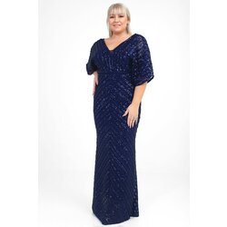 By Saygı Women's Navy Blue Ottoban Stamp Sequin Lined Plus Size Long Evening Dress Cene