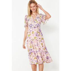 Trendyol pink floral print a-cut flounced midi lined chiffon woven dress Cene