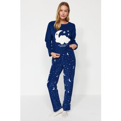 Trendyol Navy Blue Galaxy Pattern Fleece Tshirt-Pants and Knitted Pajamas Set Cene