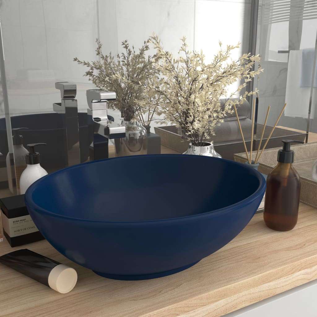 vidaXL Razkošen umivalnik ovalen mat temno moder 40x33 cm keramičen Cene