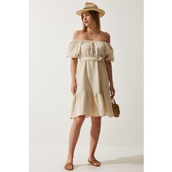  Women's Cream Carmen Collar Belted Summer Muslin Dress Cijene