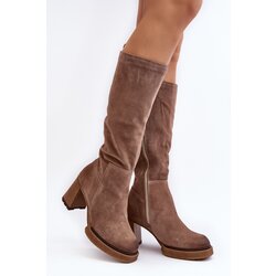 Kesi Women's suede boots with high heels above the knee, brown Lemar Ceraxa Cene