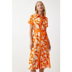  Women's Orange Floral Summer Slim Viscose Dress Cene