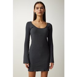  Women's Gray Boat Neck Ribbed Wrap Knitted Dress Cijene