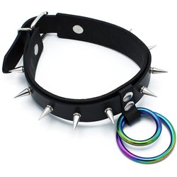 Kiotos Leather Spiked Collar Double Rainbow O-Ring Black Cijene
