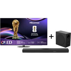 Hisense televizor 55A85Q 55", oled, 4K uhd, 120 hz, smart, vidaa os, crni + soundbar sa subwooferom HS3100, 300W/180W, bluetooth, crni Cene