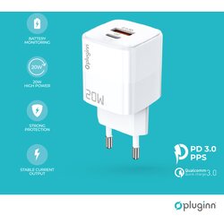 Kućni punjač pluginn PI-D73, QC3.0 PD3.0, pps, usb-pd 18W+20W, 38W (total) beli Cene