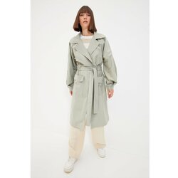 Trendyol light khaki long oversized trench coat with ruffles and belt detail Cene