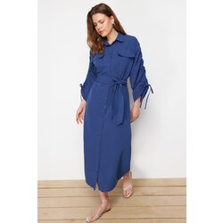 Trendyol Saks Belted Cotton Woven Shirt Dress with Adjustable Sleeves Detail Cene