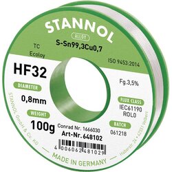 Stannol HF32 3\,5% 0\,8MM SN99\,3CU0\,7 CD 100G spajkalna žica\, neosvinčena neosvinčeni\, tuljava Sn99\,3Cu0\,7 ROL0 100 g 0.8 mm, (20395532) Cene
