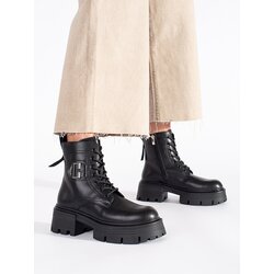 Shelvt black leather boots with a thick sole Cene
