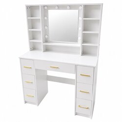 LEAN 31854 velik toaletni stol s LED ogledalom, policami in predali 140 × 100 × 40 cm – bela Cene