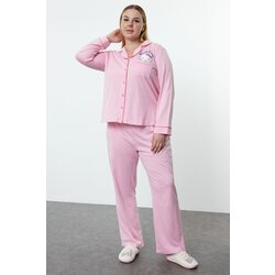 Trendyol Curve Pink Hello Kitty Licensed Shirt Collar Knitted Pajama Set Cene