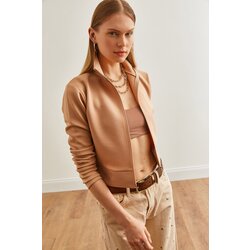 Olalook Women's Beige Zippered Scuba Jacket Cene