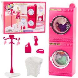 Doll Laundry Set Washing Machine Dryer Hanger Basket Pink Cene
