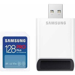 Samsung MB-SD128SB/WW sd card 128GB, pro plus, sdxc, uhs-i U3 V30 class 10, read up to 180MB/s, write up to 130 mb/s, for 4K and fullhd video recording, w/usb card reader Cene