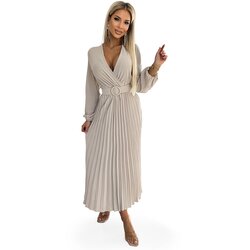 NUMOCO Pleated midi dress with a neckline, long sleeves and a wide belt Cene