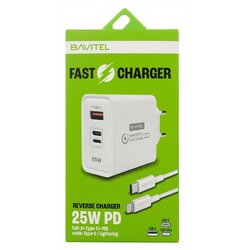 BAVITEL punjač 25W Usb A+ Type C + Lightning port + kabl Type C/Lightning bela Cene