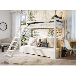 Molarem Home Drveni dječji krevet na kat Sofino na razvlačenje - bijeli - 90x200/140x200 cm - Madrac PE pjena 8 cm-spužvasti madrac Cijene