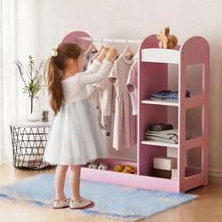 Kinder Home Dečiji stalak za odeću sa ogledalom - Dečiji otvoreni ormar sa policama i vešalicama, roze Cene