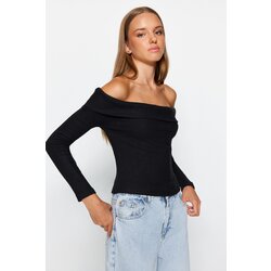 Trendyol Black Knitwear Look Carmen Collar Fitted/Situated Crop Knitted Blouse Cene