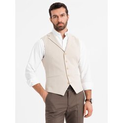 Ombre Fitted elegant men's vest with elastane and lapels - beige Cijene