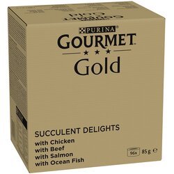 JUMBO pakiranje Gourmet Gold sočni in fini trakci 96 x 85 g - Piščanec, morska riba, govedina, losos Cene