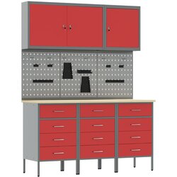 vidaXL 8-delni delovni kabinet in pegboard komplet - rdeča MDF in kovina, (22047398) Cene