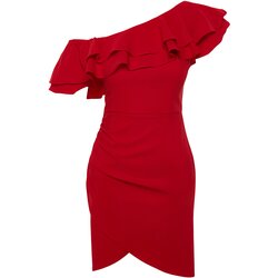 Trendyol red single sleeve ruffled elegant evening dress Cene